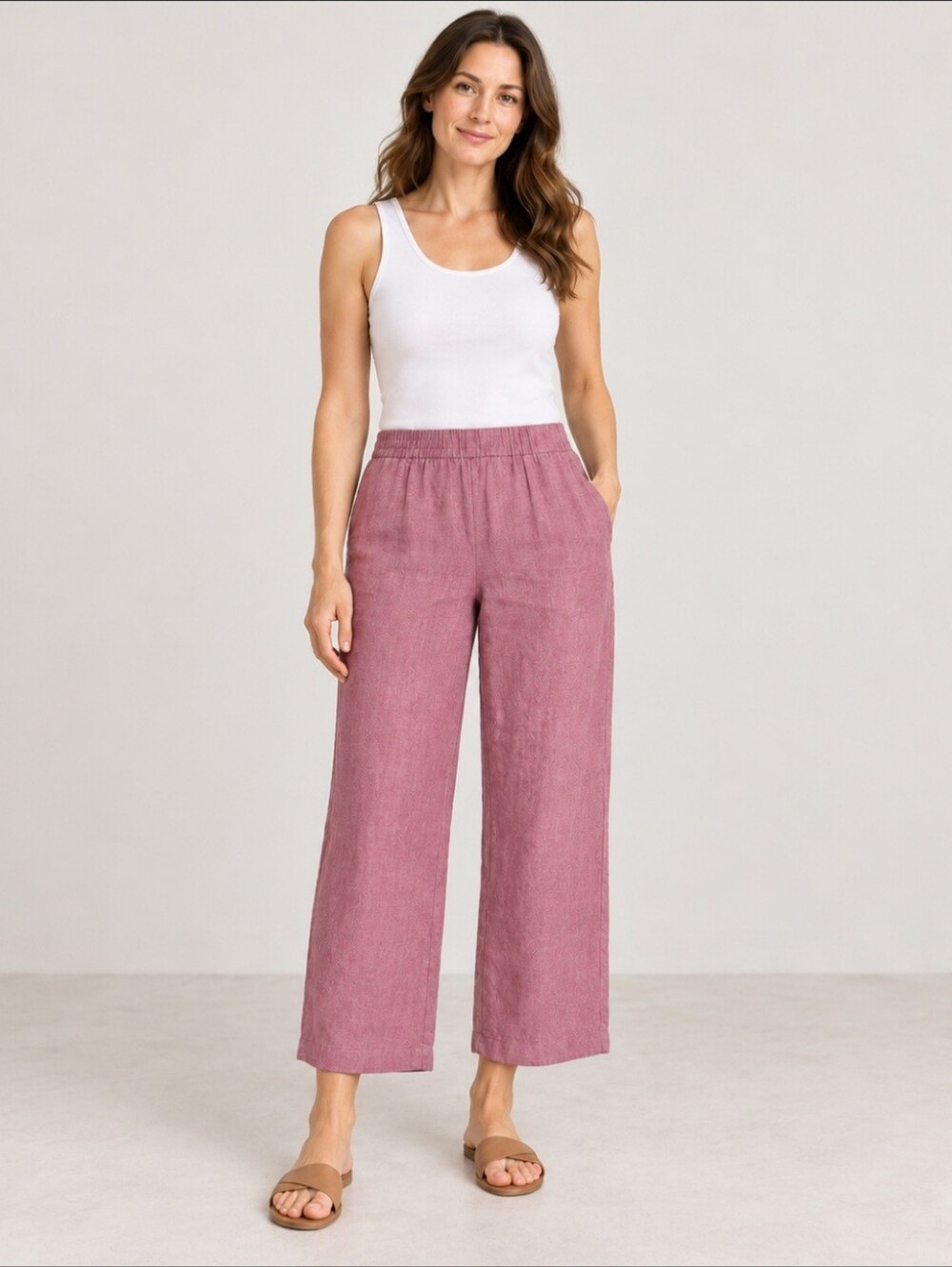 Eileen Fisher Organic Linen Pull On Wide Leg Crop Pants XL Dusty Pink